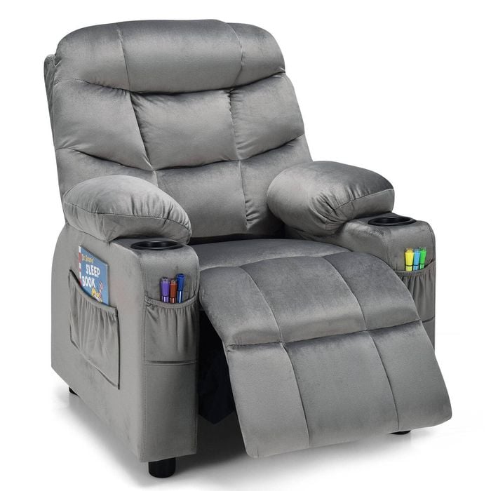 Costway Kids Velvet Sofa Adjustable Recliner with Cup Holder&Side Pocket Grey