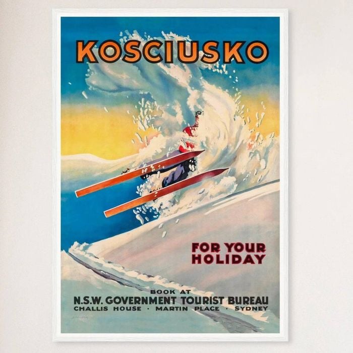 Galrie Vintage Ski Poster of Mount Kosciuszko in New South Wales Australia Home Décor, White Frame, A3 30 x 42cm (12 x 16inch)