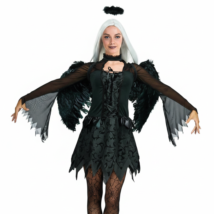More Than Party Womens Fallen Angel Costume Layered Dress With Wings/Halo M/L