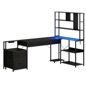 Artiss 200cm L Shaped Gaming Desk Computer Desk With Led Lights & Power Outlets For Home Office