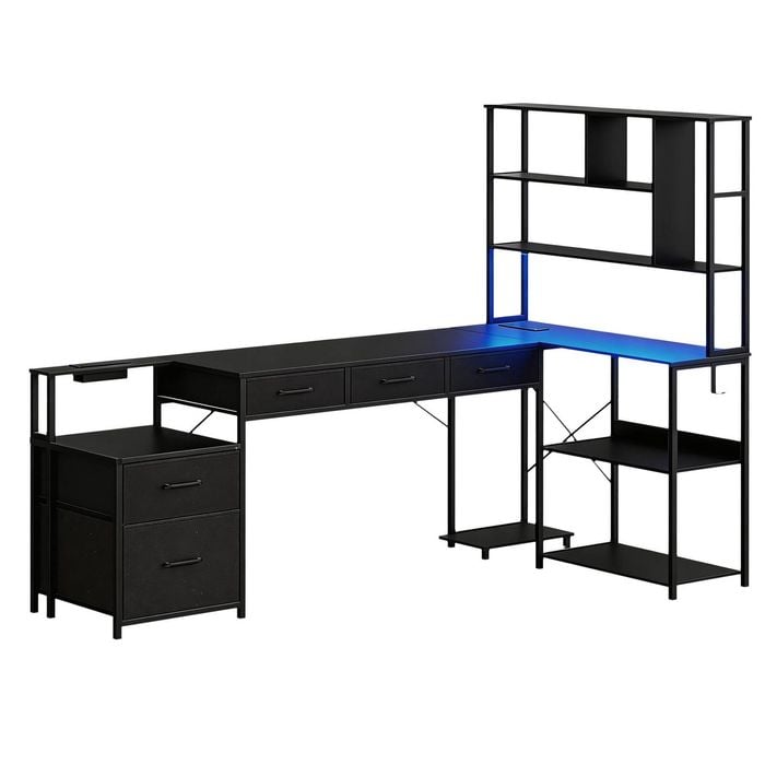 Artiss 200cm L Shaped Gaming Desk Computer Desk With Led Lights & Power Outlets For Home Office