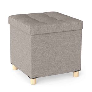 Costway 45CM Square Storage Ottoman Linen Fabric Footstool Rubber Wood Leg