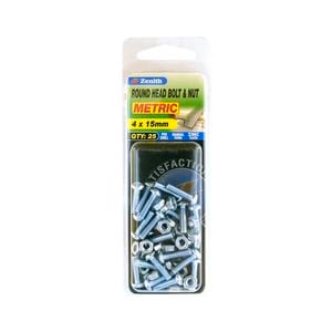 Zenith 4 x 15mm Zinc Plated Round Head Bolt And Nut - 25 Pack