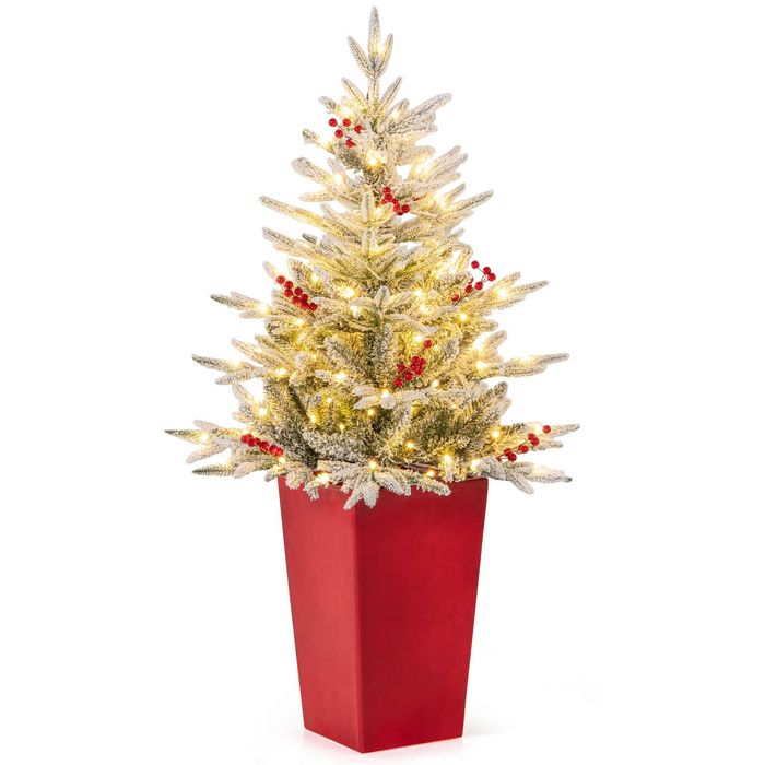 Costway Snow Flocked Pre-lit Artificial Christmas Tree /100 LED Lights Decoration for Home Party