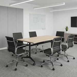Olg Executive Boardroom Bundle: Modulus 2100x900 Flip Table Black Frame Nordic Maple Top + 6 Metro Executive Chairs Black PU