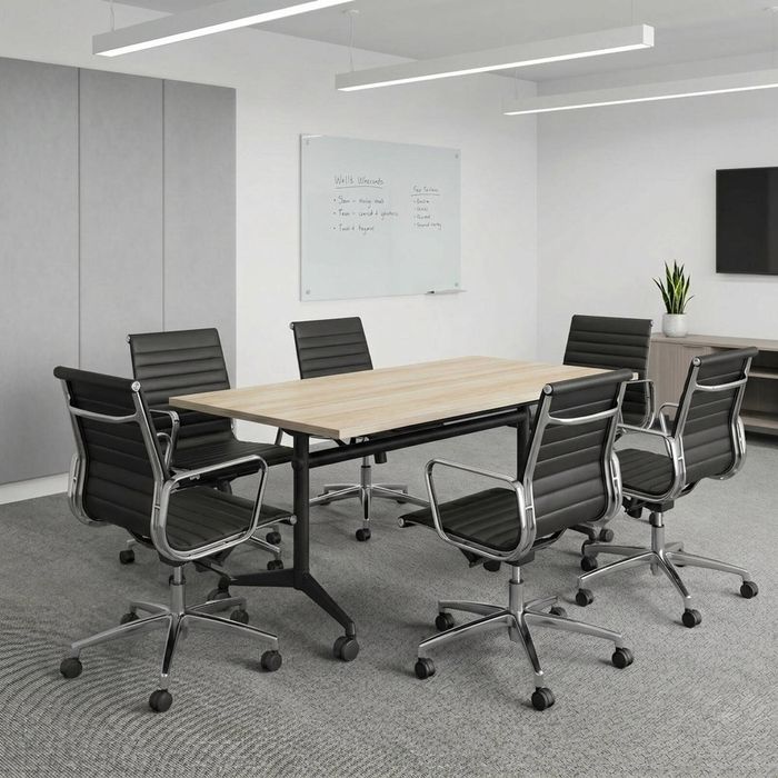 Olg Executive Boardroom Bundle: Modulus 2100x900 Flip Table Black Frame Nordic Maple Top + 6 Metro Executive Chairs Black PU