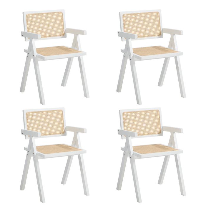 Oikiture 4x Dining Chairs Bamboo PE Rattan Chair Wooden Frame White