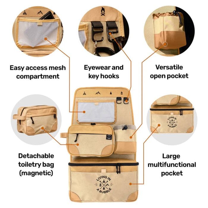 Living in a Bubble Premium Seat Back Storage with Toiletry Bag - Beige