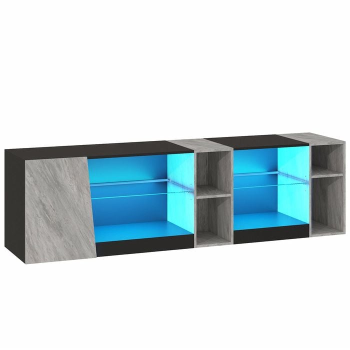 Ufurniture LED TV Stand with Lighted Glass Shelves Entertainment Center with Cabinet & Hidden Cable Management Black+Grey