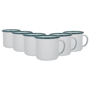 Argon Tableware 375ml Enamel Mugs - Green Rim - Set Of 6 Metal Drinking Cups Coffee Teacup Mug Set Hot, Cold Drinks Cups