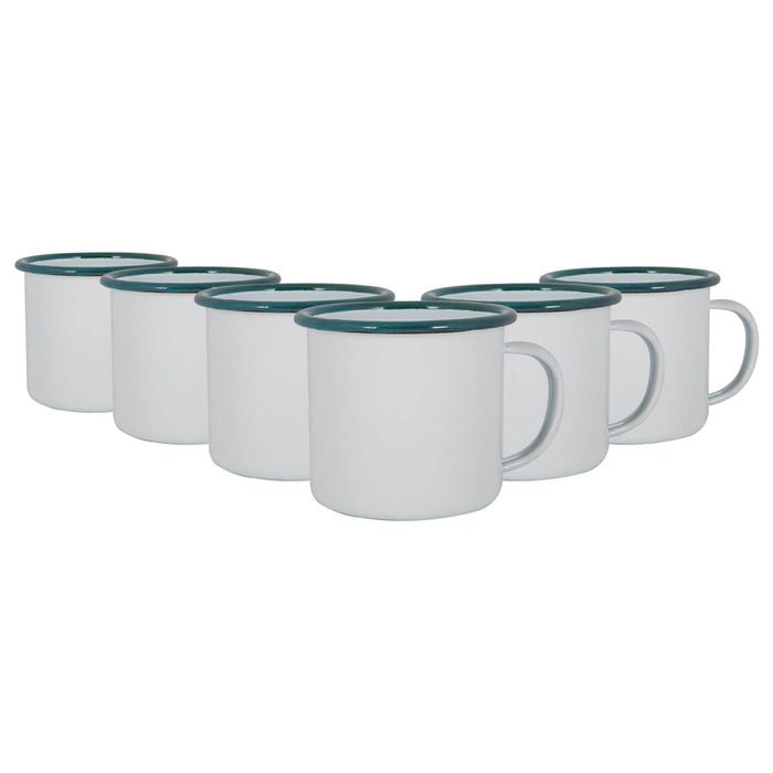 Argon Tableware 375ml Enamel Mugs - Green Rim - Set Of 6 Metal Drinking Cups Coffee Teacup Mug Set Hot, Cold Drinks Cups