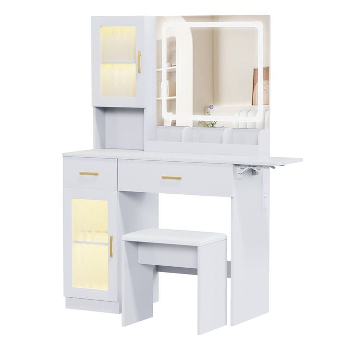 Advwin Dressing Table with LED Mirror,RGB Cabinet, Charging Station & Foldable Countertop,White