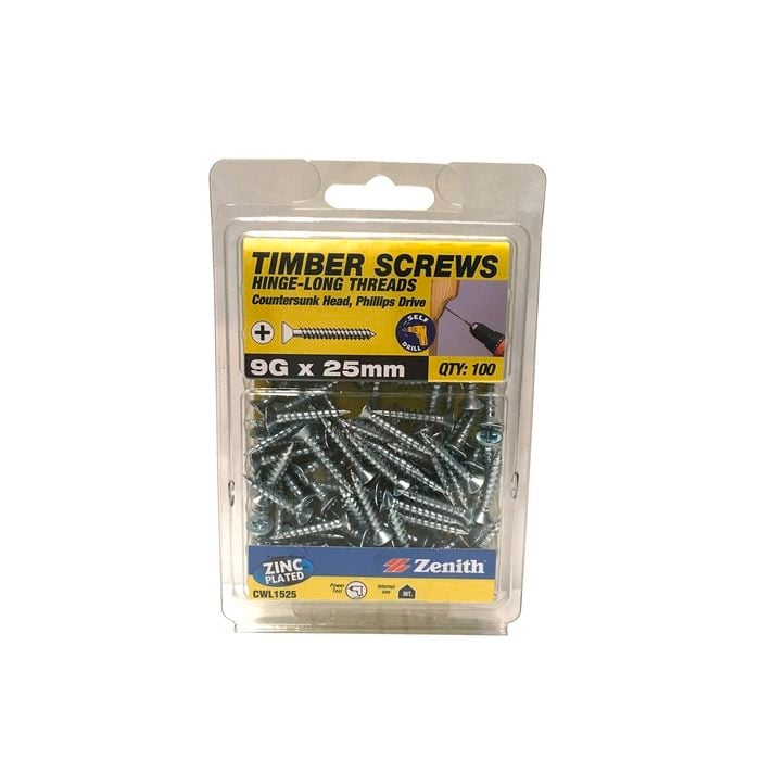 Zenith 25mm x 9g Zinc Plated Hinge-Long Thread Timber Screws - 100 Pack