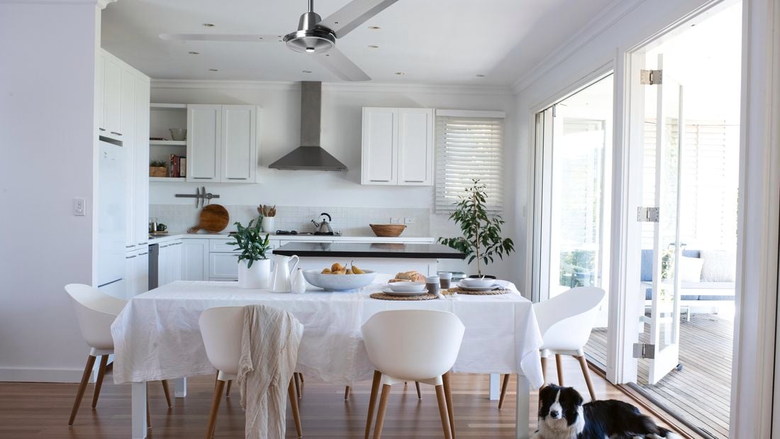 Modern kitchen and dining area with white decor, ceiling fan and dog
