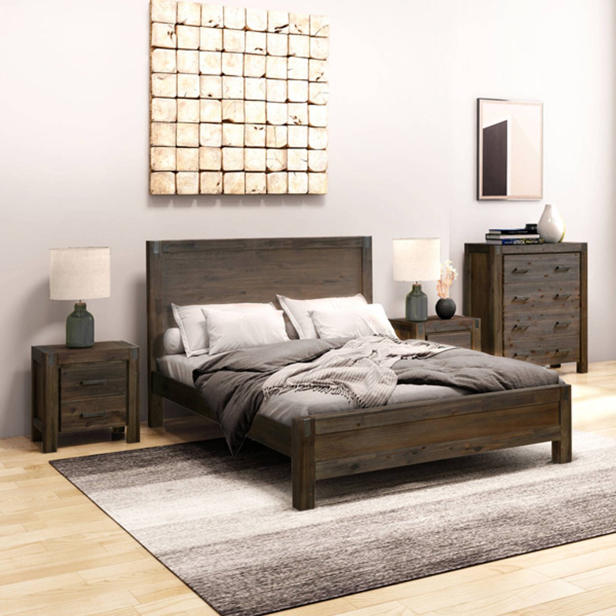 4 Pieces Bedroom Suite in Solid Wood Veneered Acacia Construction Timber Slat Queen Size Oak Colour Bed, Bedside Table & Tallboy