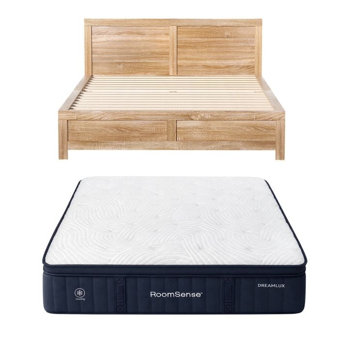 RoomSense Queen 34cm Medium Soft Gel Mattress Bundle, Oatmeal Bed Frame