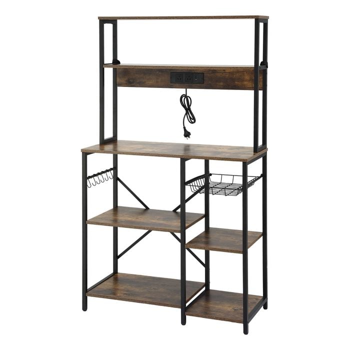 Artiss 5-tier Kitchen Rack With Power Outlets Pull Out Basket Microwave Storage Shelf 90cmx153cm