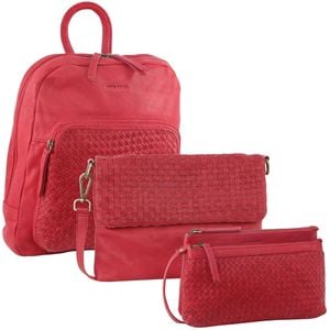 3PC Set Pierre Cardin Wos Woven Leather Cross-Body s + Backpack Red