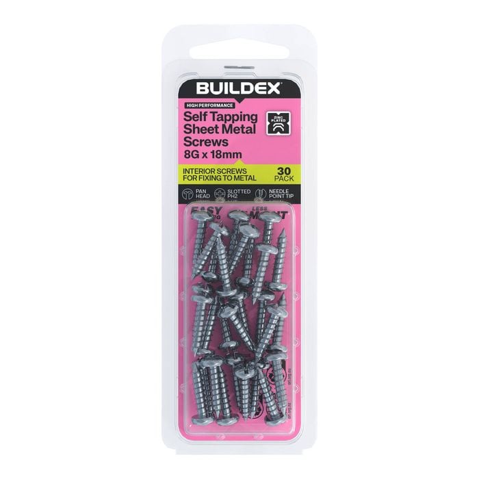 Buildex 8G x 18mm Zinc Plated Self Tapping Sheet Metal Screws - 30 Pack