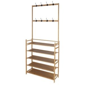 Milano Decor Bamboo Shoe Rack With Coat Hooks, 4 Tiers, Slim Hallway Storage Oak