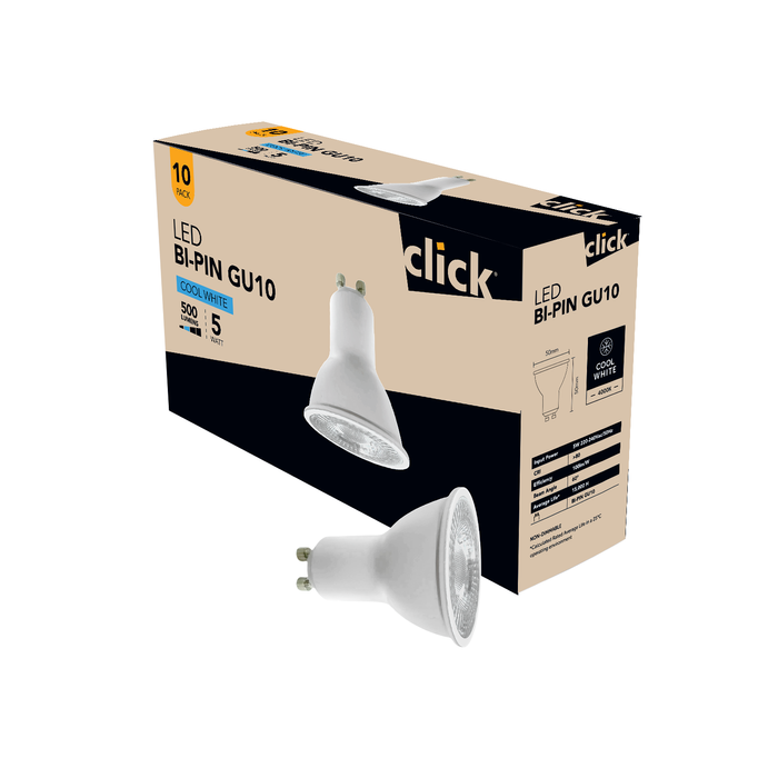 Click GU10 LED 500lm Cool White 5W Globe - 10 Pack