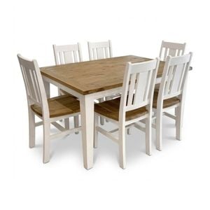 Leura Belle Rustic 6 Seater Rectangle Dining Table And Chairs Setting - Distressed White Honey top