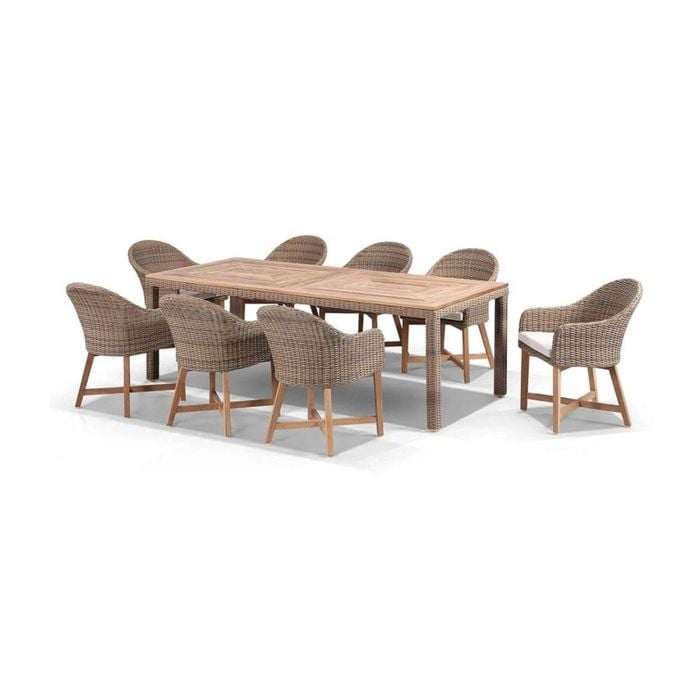 Outdoor Sahara 9pce Rectangle Table With Coastal Chairs In Half Round Wicker - Natural