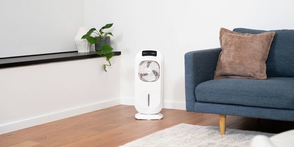 White portable evaporative cooler positioned in the corner of a living room beside a blue sofa, with indoor plants and light timber flooring.