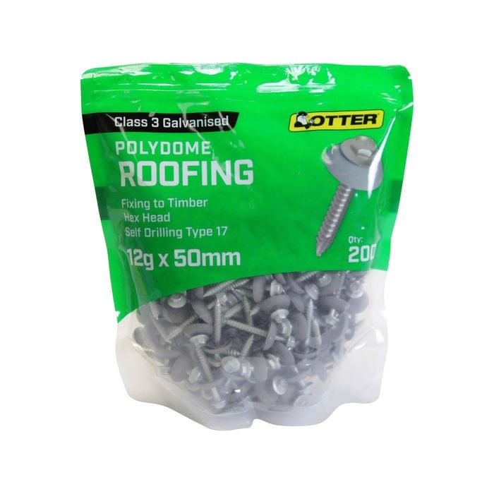 Otter Polydome 12G x 50mm Polycarbonate Roofing Screws Class 3 Galvanised – 200 Pack