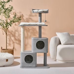 Charlie's Wabi Sabi Double Cubby Cat Tree Scratcher In Faux Linen Grey