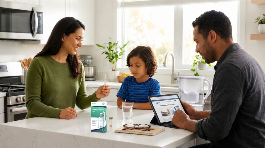 Family is gathered around kitchen island performing a home water test.