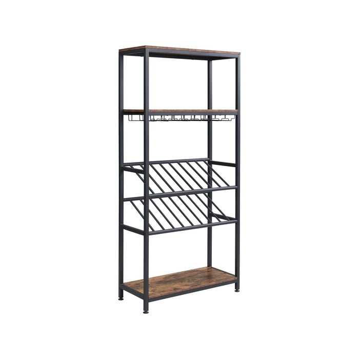 IHOMDEC 5-Tier Open Metal & Faux Antique 16 Bottles 24 Glasses Wood Wine Rack