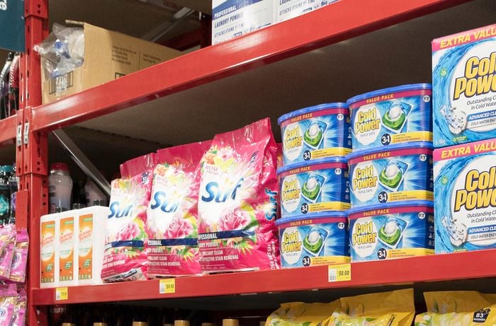 Popular household laundry cleaning products in Bunnings aisles.
