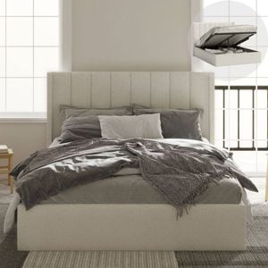 Emilie Queen Ivory White Boucle Gas Lift Storage Winged Bed Frame