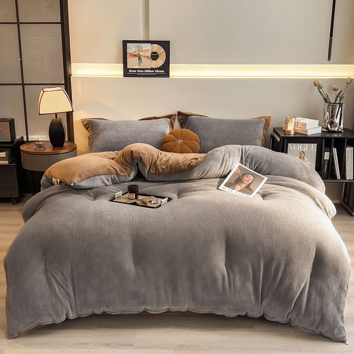CottonMore Thick Winter Warm Quilt Reversible Jacquard Milk Velvet Comforter 200x230cm - Grey