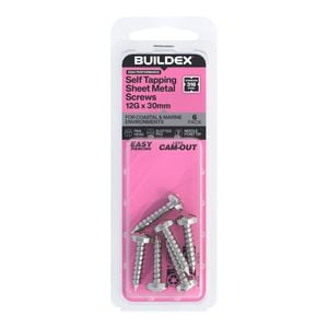 Buildex 12G x 30mm SS316 Self Tapping Sheet Metal Screws - 6 Pack