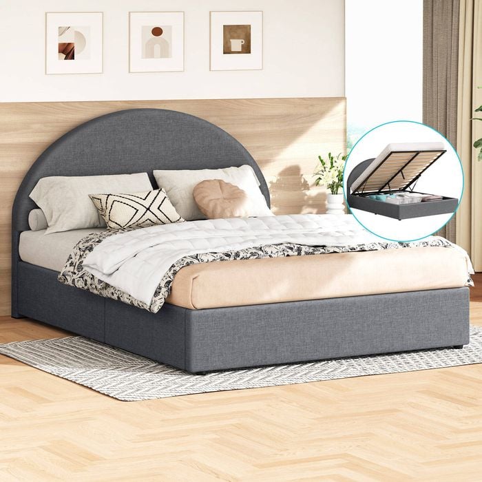 Alfordson Bed Frame Queen Size Arched Base Gas Lift Storage Fabric Grey Hoult