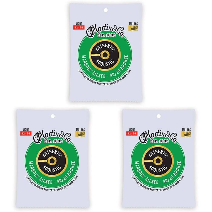 3PK Martin Guitar MA140S Authentic Acoustic Silked Strings 80/20 Bronze Light