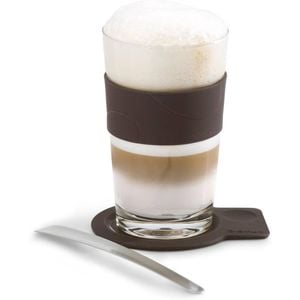 Blomus Desa Latte Macchiato Coffee Glass Cup w/ Spoon & Silicone Coaster White