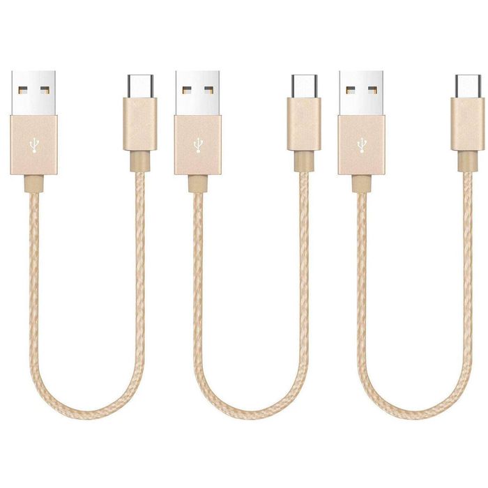 iWill 3 Pack 20cm Short Data Transfer Charger Charging USB Type C Phone Tablet Cable Cord Bulk Braided Gold Nylon