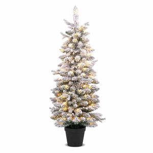 Costway 1.2M Potted Artificial Christmas Tree Pre-lit Snow Flocked Xmas Tree 80 LEDs