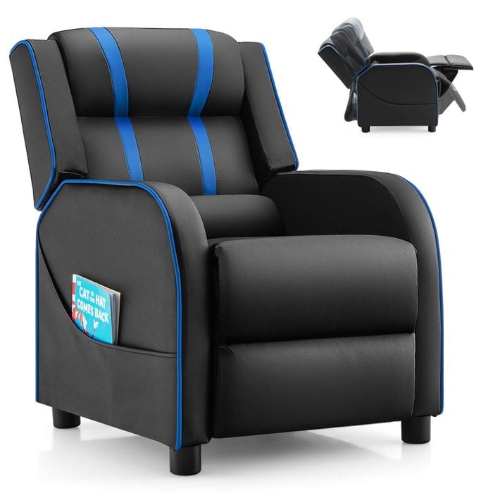 Costway Kids Ergonomic Recliner Armchair W/footrest&side Pocket Blue