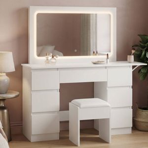 Oikiture Dressing Table Stool Set with LED Makeup Mirror 7 Drawers