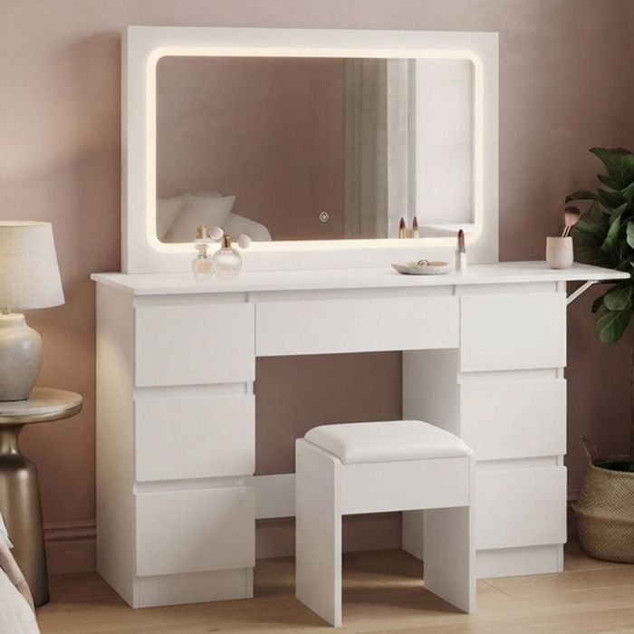 Oikiture Dressing Table Stool Set with LED Makeup Mirror 7 Drawers