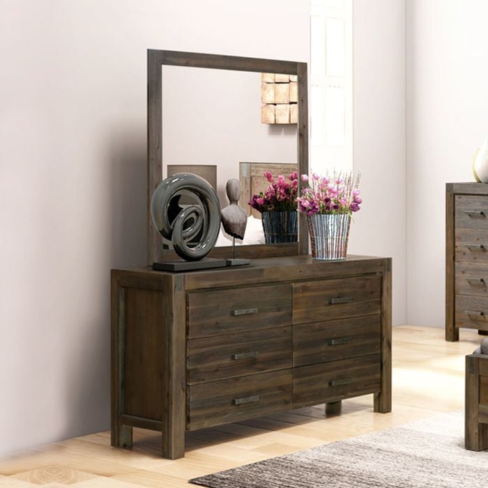 Dresser with 6 Storage Drawers in Solid Acacia & Veneer With Mirror in Chocolate  Colour - Bunnings Australia