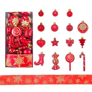 Catzon 30 Pcs Christmas Ball Including Candy Cane Bow Star Hanging Ornaments for Xmas-Red