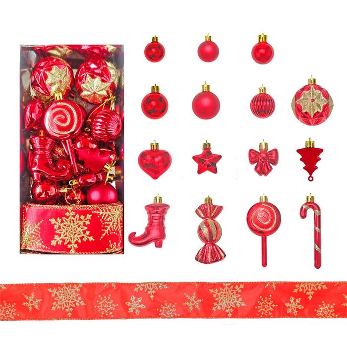 Catzon 30 Pcs Christmas Ball Including Candy Cane Bow Star Hanging Ornaments for Xmas-Red