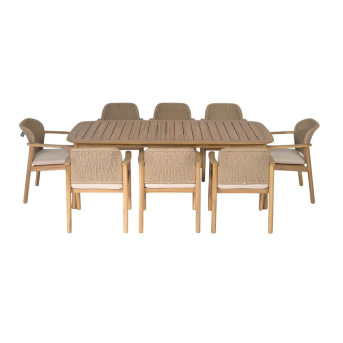 Harry 9-Piece Acacia Timber Outdoor Dining Setting with 8 Wicker Chairs & Cushions (Natural/Cream)