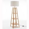 Eiffel 3 Tier Natural Wood Floor Lamp w/ Storage Shelves + Off White Linen Shade