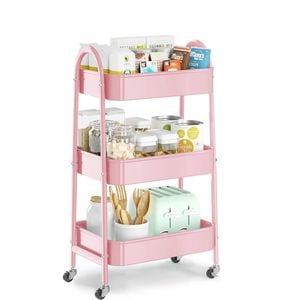 Catzon 3-Tier Rolling Cart Easy Assembly Ideal for Office Kitchen Storage-Pink